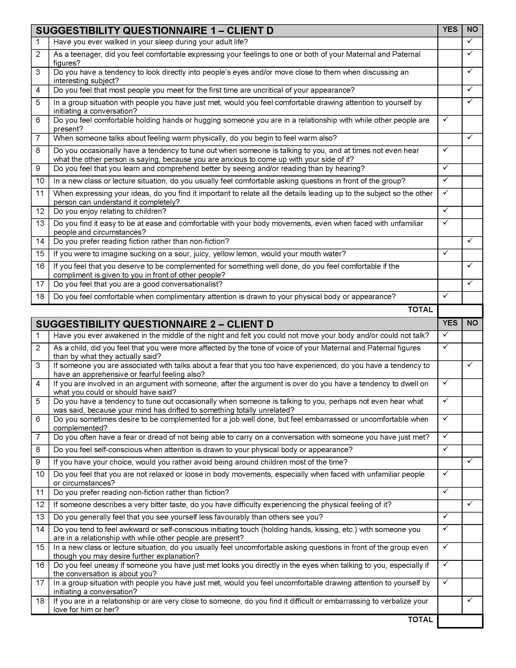 SUGGESTIBILITY QUESTIONNAIRES – CLIENT D | Coastal Academy